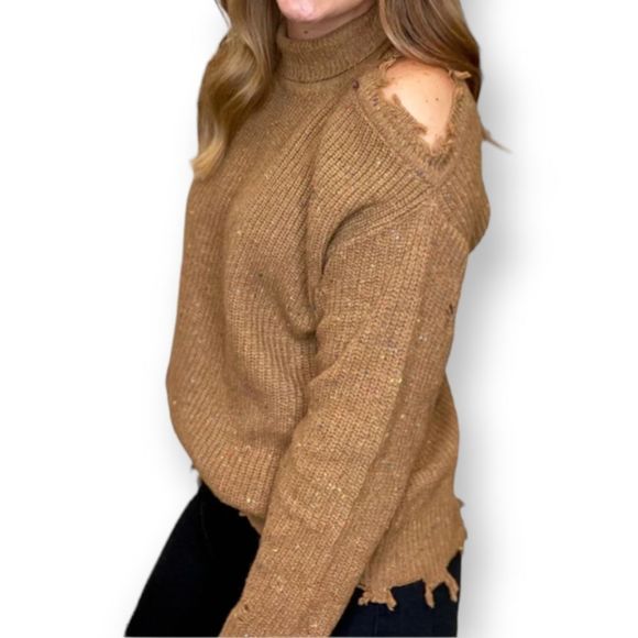 ZENANA DEEP CAMEL CUTOUT TURTLENECK DISTRESSED SWEATER NWT MULTIPLE SIZES - Picture 3 of 8